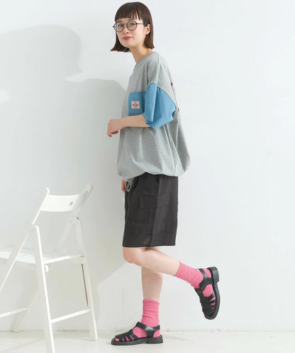 Japanese Style Stitching Denim Pocket Letters Profile T-shirt Designer Loose Casual Summer Patch