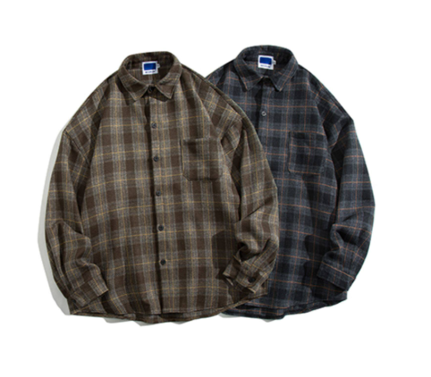 Retro Brushed Plaid Shirt – Thickened Loose Workwear Long Sleeve Jacket for Men – Japanese vintage | yamalin clothes | Yamalinclothes