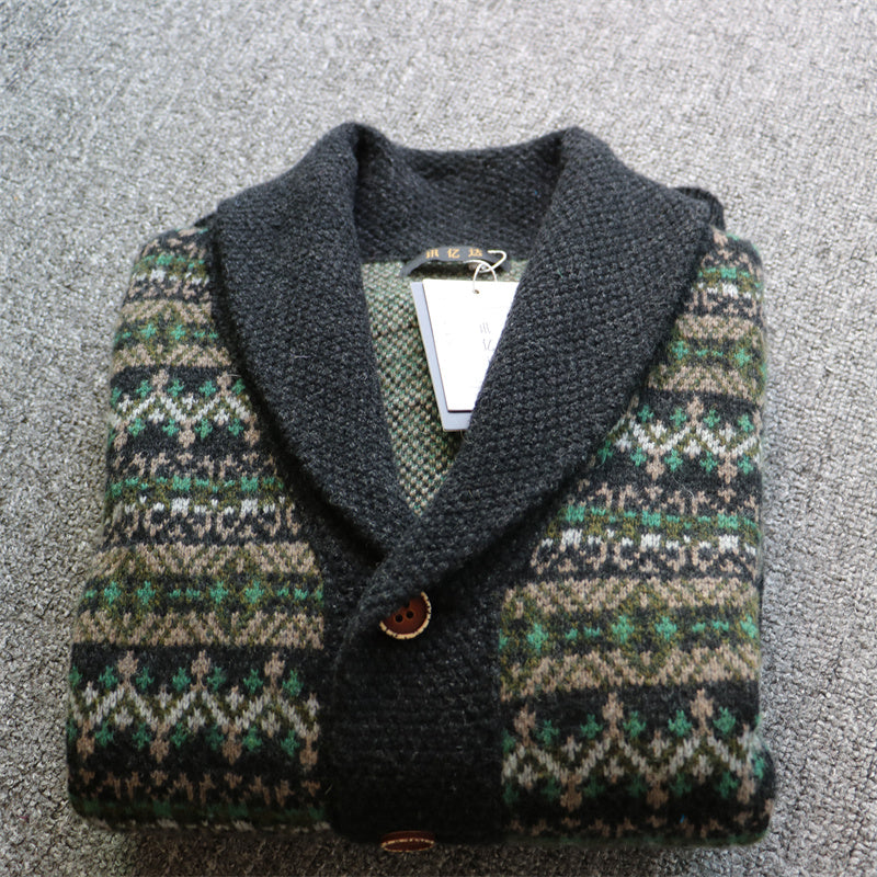 Heavyweight Color-Block Wool Cardigan Jacket – Retro Warm Knit (Unisex)