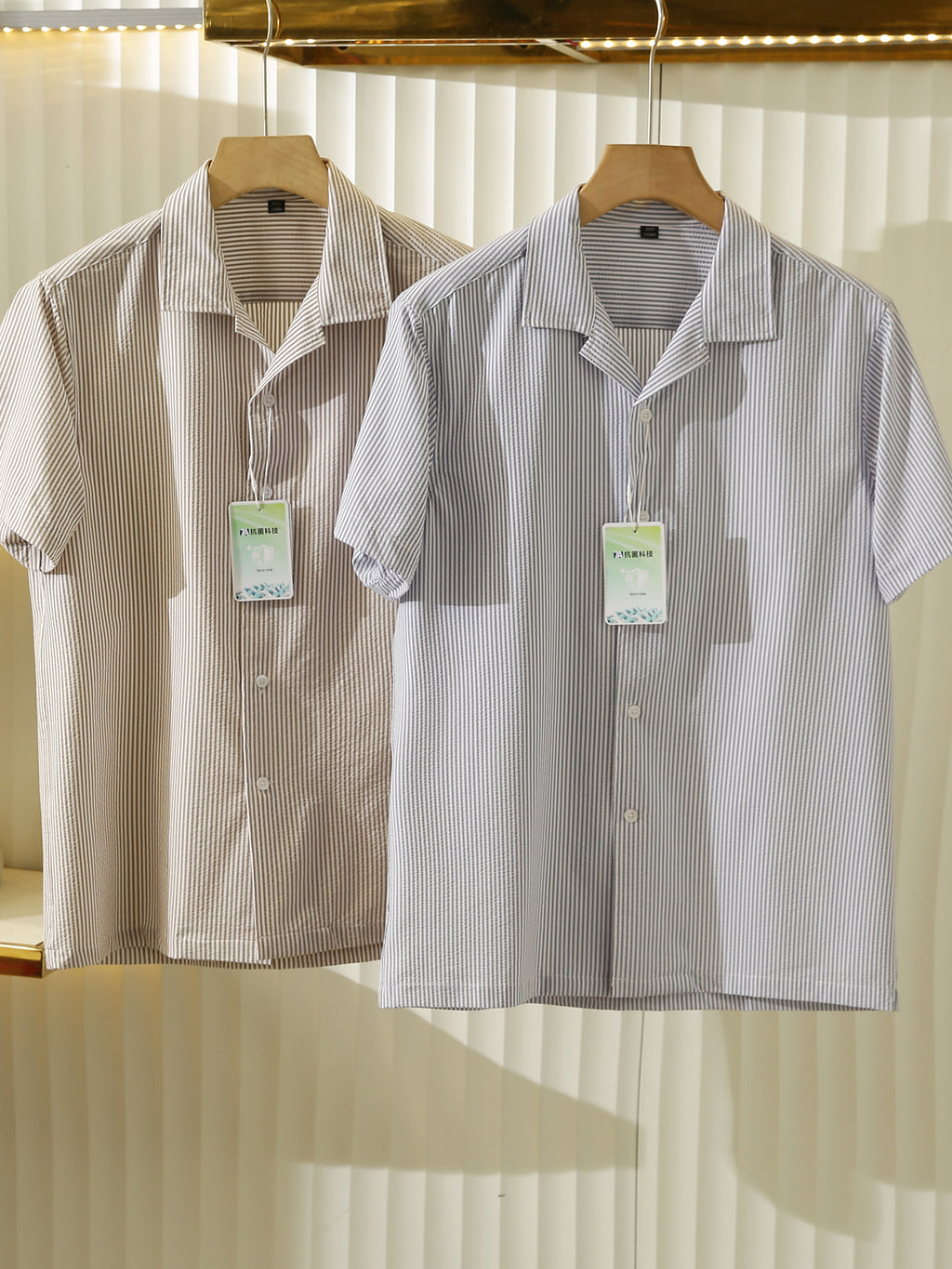 Bubble Gauze Texture 7A Antibacterial Cool Summer Men's Cuban Collar Striped Short Sleeve Shirt Top