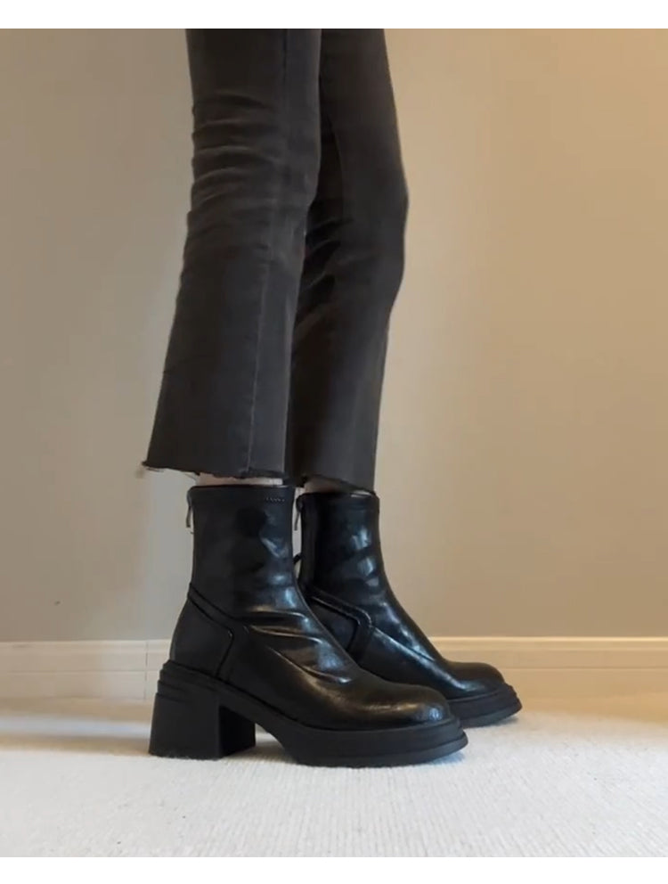 Women's Retro Genuine Leather Martin Boots - Brown Cowhide Thick-Soled Back-Zip Chunky Heel Boots