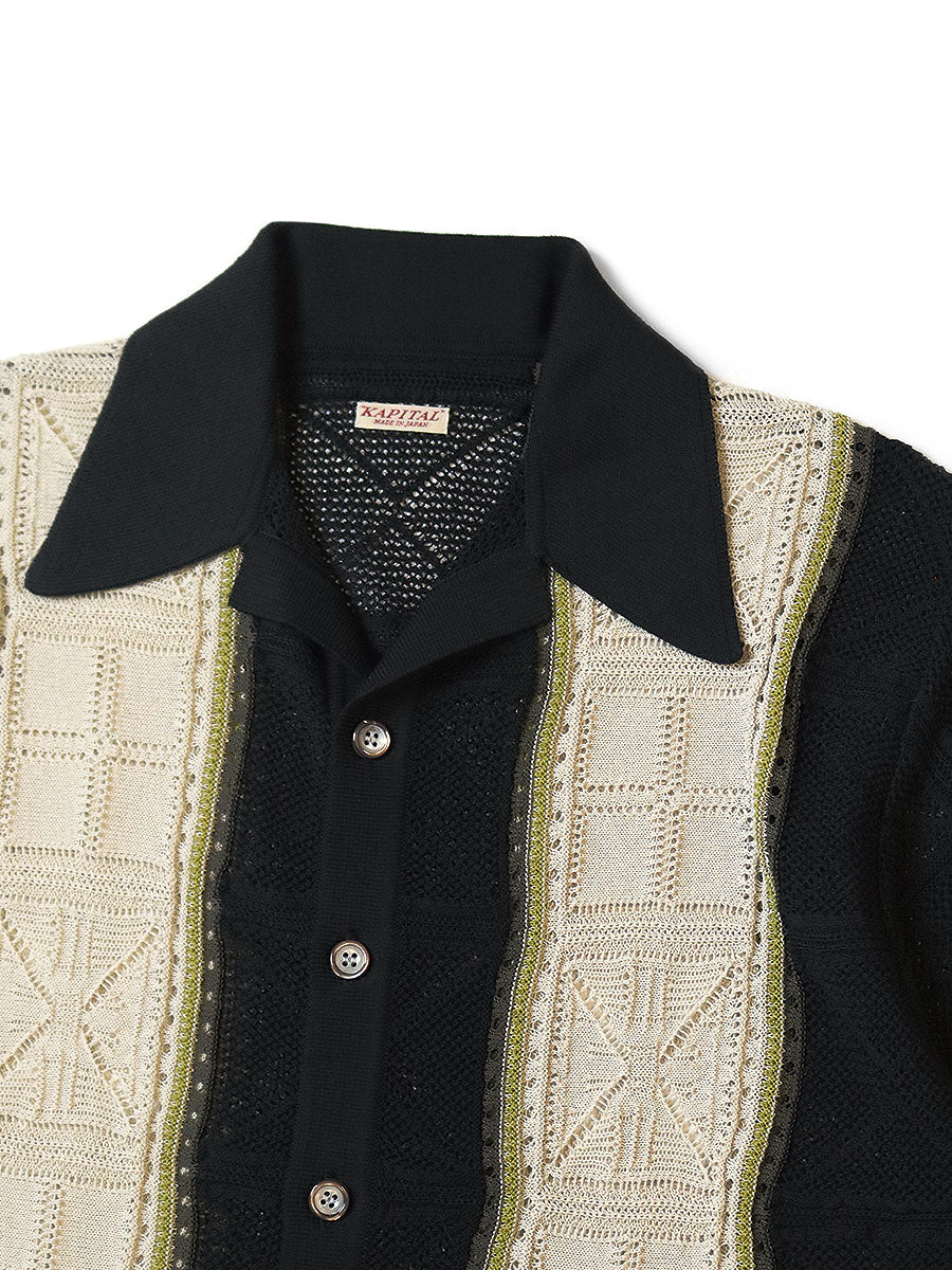 Japanese Style Hollow Knit Cuban Collar Retro Ethnic Style Short Sleeve Polo Shirt