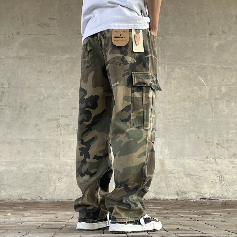 Men's American Street Retro Cargo Pants - Camouflage Heavy Washed Ripped Straight-Leg Pants