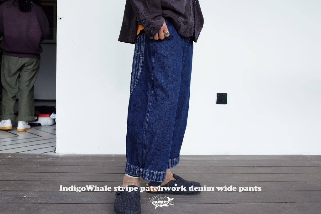 IndigoWhale Bamboo Denim Wide-Leg Patchwork Jeans – Heavy Wash, Drawstring Nine-Point Design