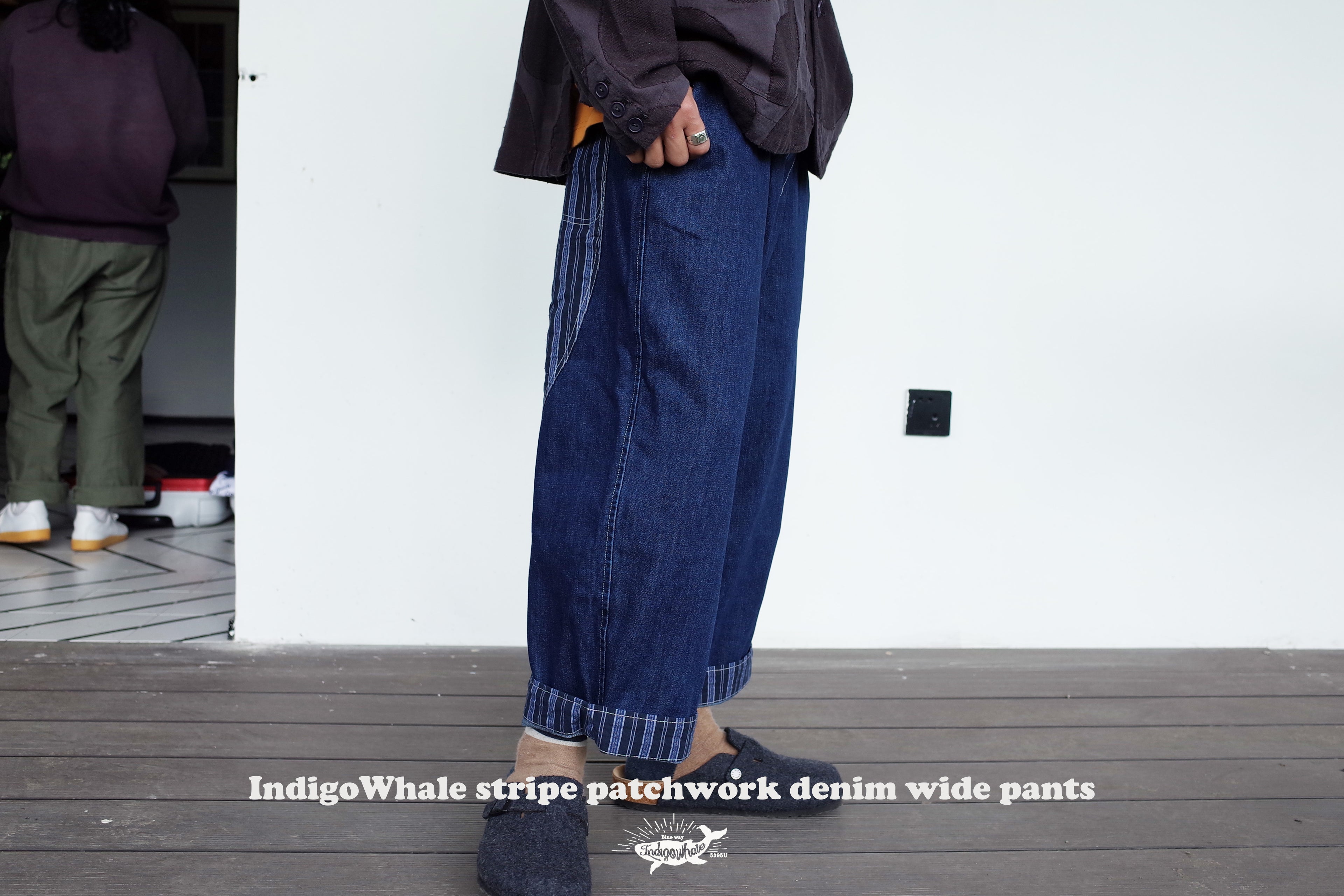 IndigoWhale Bamboo Denim Wide-Leg Patchwork Jeans – Heavy Wash, Drawstring Nine-Point Design