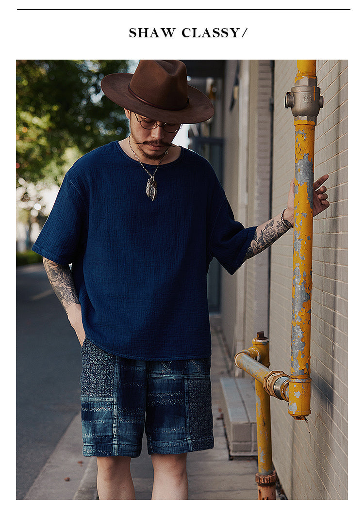 Original Japanese Retro Indigo Dyed Loose Couple Style Casual Short Sleeve T-Shirt