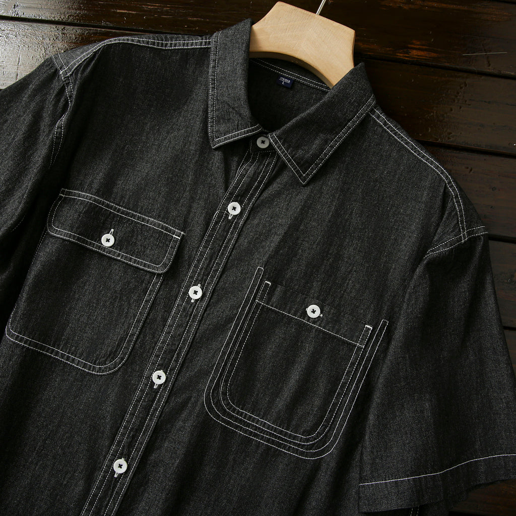 Pure Cotton Enzyme Wash! Export Surplus Men's Summer Turn-down Collar Denim Short Sleeve Shirt Top