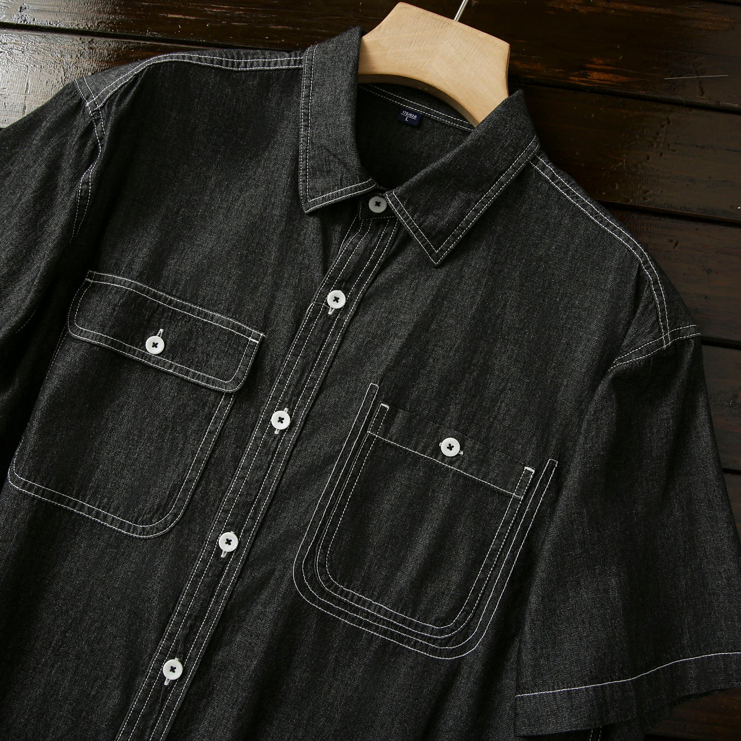 Pure Cotton Enzyme Wash! Export Surplus Men's Summer Turn-down Collar Denim Short Sleeve Shirt Top