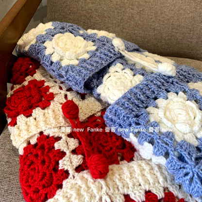 Women's European French Retro Color Block Cardigan - Handmade 3D Rose Crochet Hollow Knit Sweater