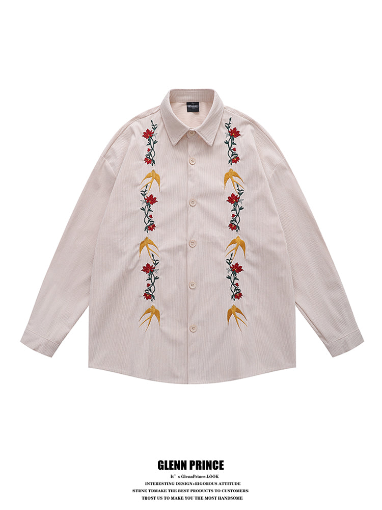 GPStudio American-Retro Floral Embroidery Corduroy Shirt – Long Sleeve, Loose Fit