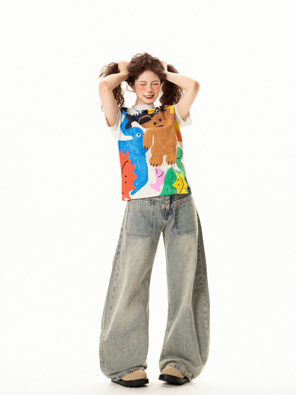 Vintage Fun Cartoon Print Regular Shoulder Short Sleeve T-Shirt for Women Summer Niche Design Slim Fit Top