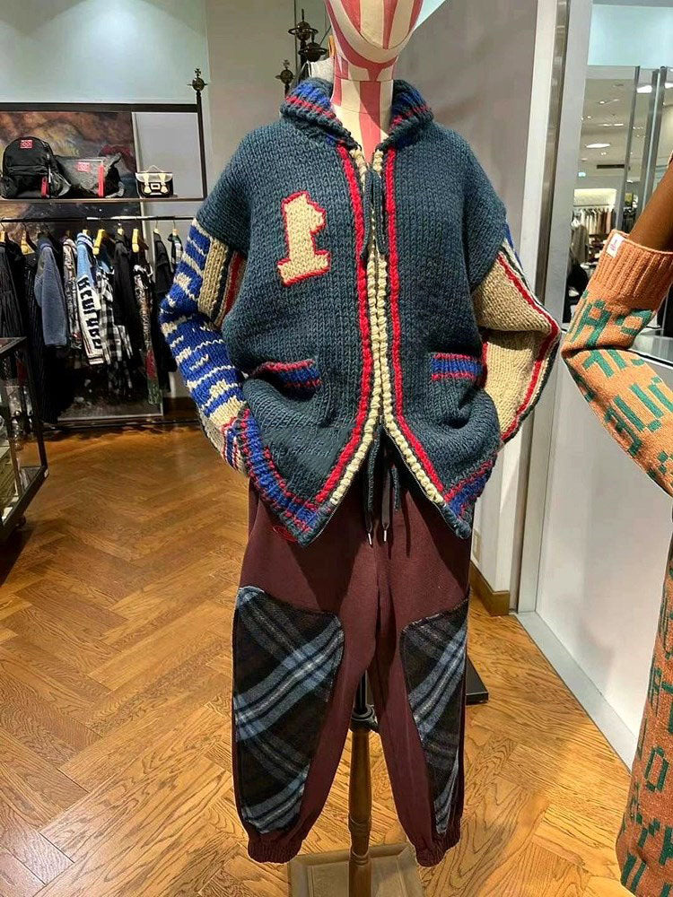 American Retro Heavy Stitch Polo Cardigan – Loose Knit Sweater Jacket