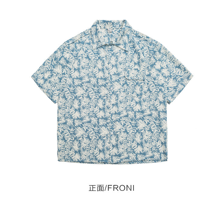 Japanese Retro Floral Cotton Linen Short Sleeve Shirt Men Summer Hong Kong Style Trendy Beach Casual Floral Shirt