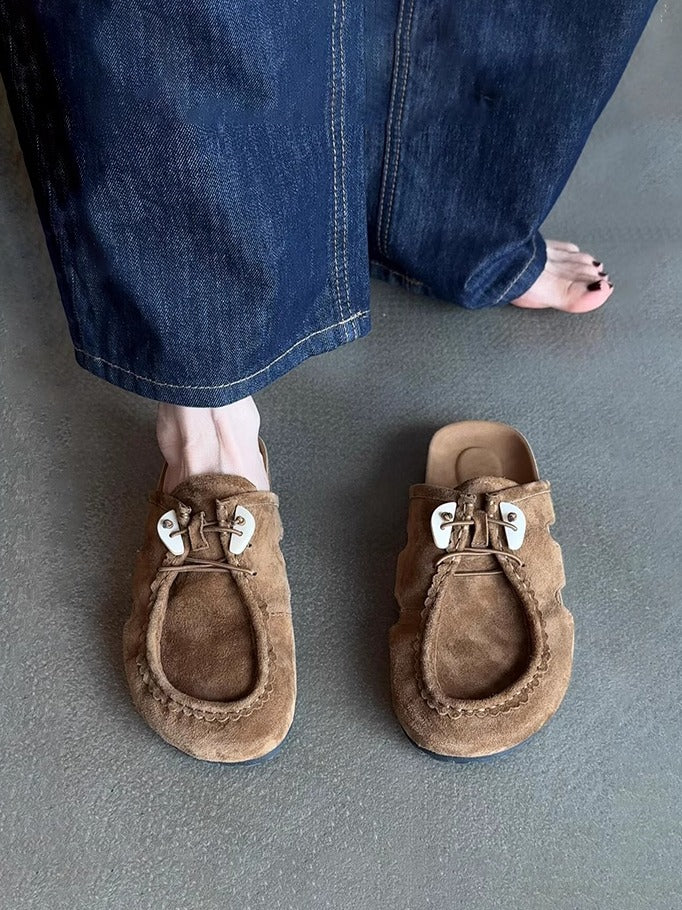 Women's Retro Birkenstock Shoes - Sheepskin Thick-Soled Flat Genuine Leather Suede Slip-On Shoes