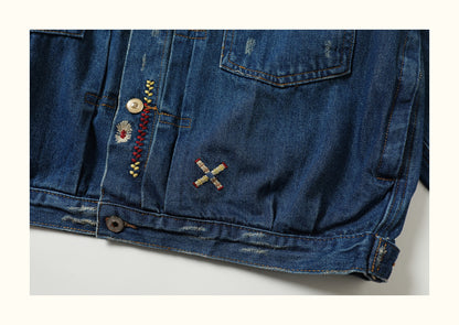 AMI Vintage Distressed Japanese-Style Denim Jacket – Heavy-Duty Embroidered Coat for Men