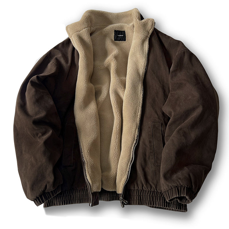 Men's Japanese Retro Lamb Wool Jacket - Thickened Stand Collar Couple Cotton Coat