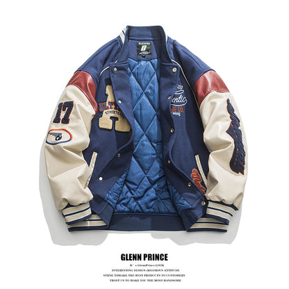 American Style Trendy Brand Patchwork Baseball Jacket for Men, Autumn and Winter Retro Cotton Jacket, Spring and Autumn New Couple Jacket
