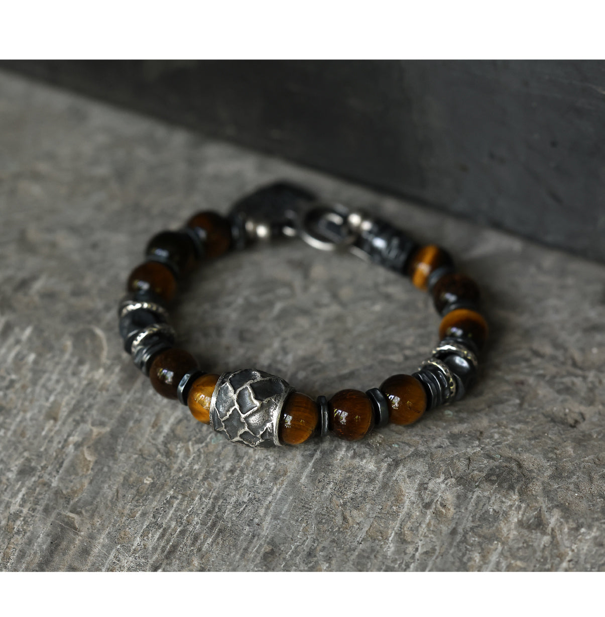 Yinshu Original Handmade &lt;Hammered&gt; Bracelet for Men Niche 999 Pure Silver Tiger Eye Stone Men's Vintage Bracelet