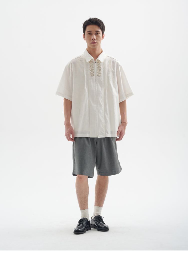 25SS Ramie Blend Passionflower Embroidery Washed Vintage Japanese Style Retro Short Sleeve Shirt