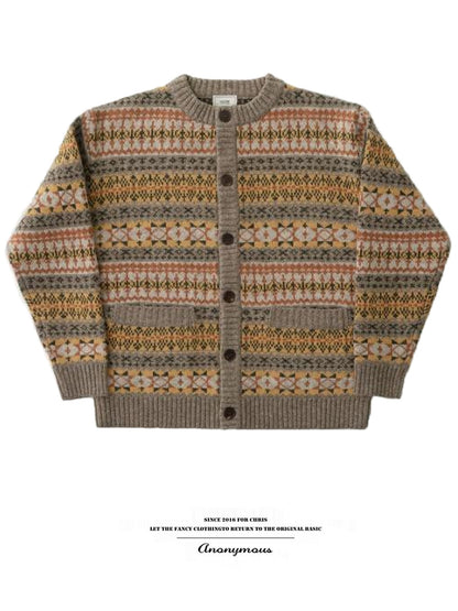 Fair Isle Ethnic-Style Merino Wool Cardigan – Thick Knit Unisex