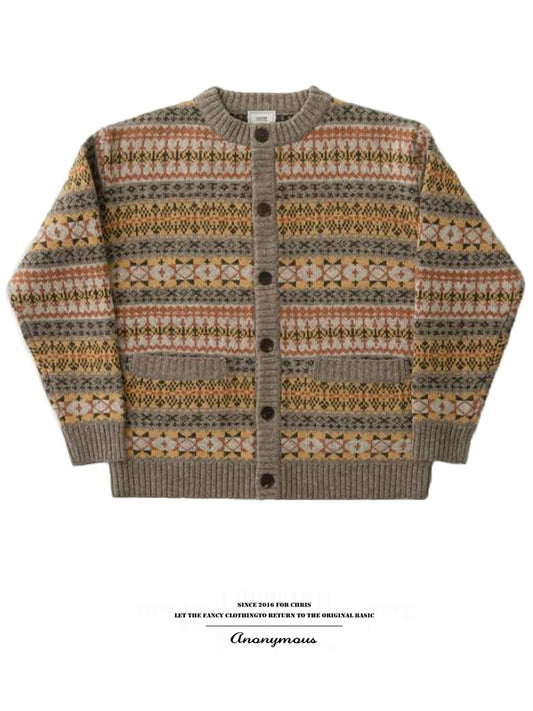 Fair Isle Ethnic-Style Merino Wool Cardigan – Thick Knit Unisex