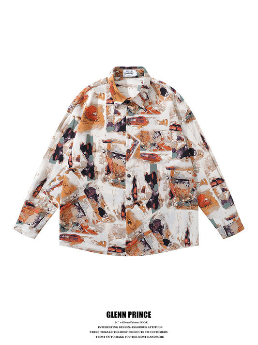 Design Sense Oil Painting Print Long Sleeve Floral Shirt for Men Spring and Autumn Trendy Brand Beach Casual Shirt Jacket