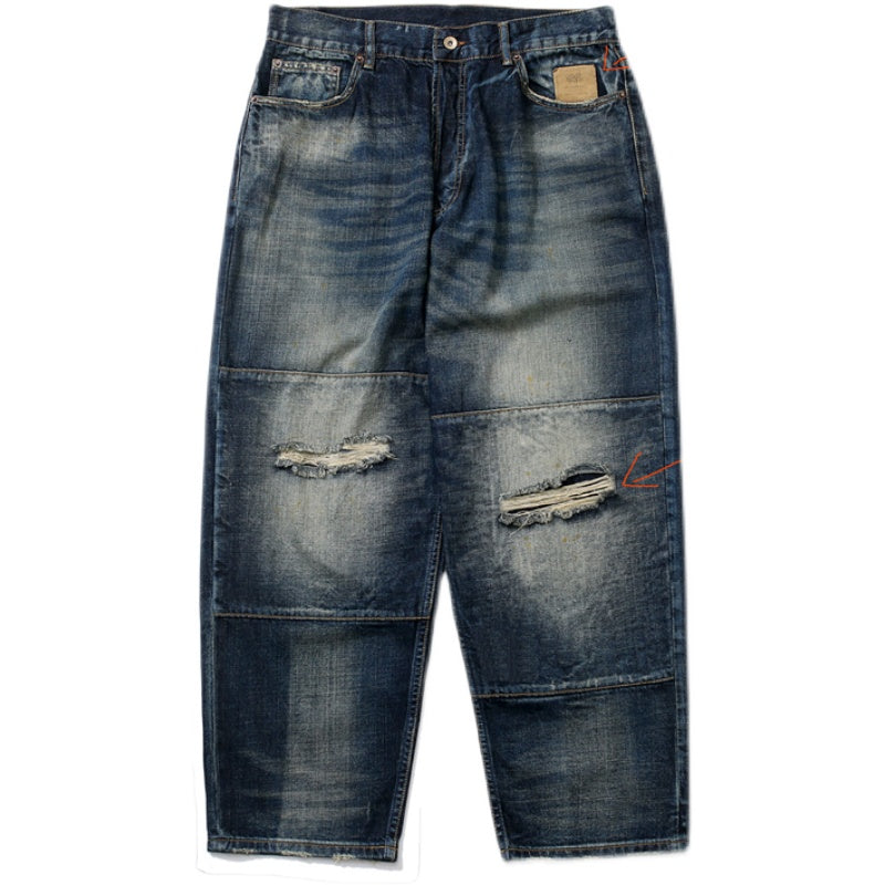 Workwear Washed Vintage Distressed Loose Straight Jeans