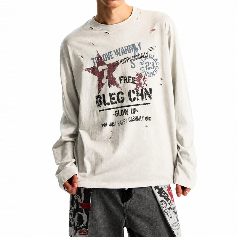 Vintage Distressed Ripped Long-Sleeve T-Shirt – Oversized Unisex Graphic Pullover Top