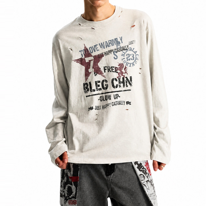Vintage Distressed Ripped Long-Sleeve T-Shirt – Oversized Unisex Graphic Pullover Top