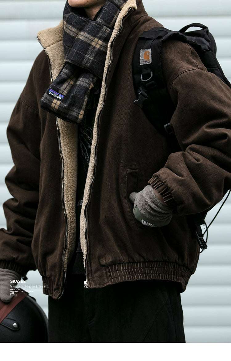 Japanese Retro Melad Stand Collar Lamb Wool Cotton Jacket for Men Winter Trendy Loose Couple Thickened Warm Cotton Coat Trendy