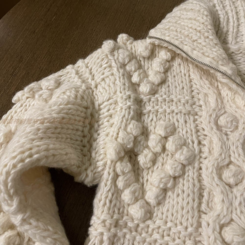 Women's Winter Wool Sweater Coat - Japanese Handmade Thick Yarn Ball Zipper Loose Knitted Top