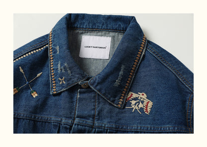 AMI Vintage Distressed Japanese-Style Denim Jacket – Heavy-Duty Embroidered Coat for Men