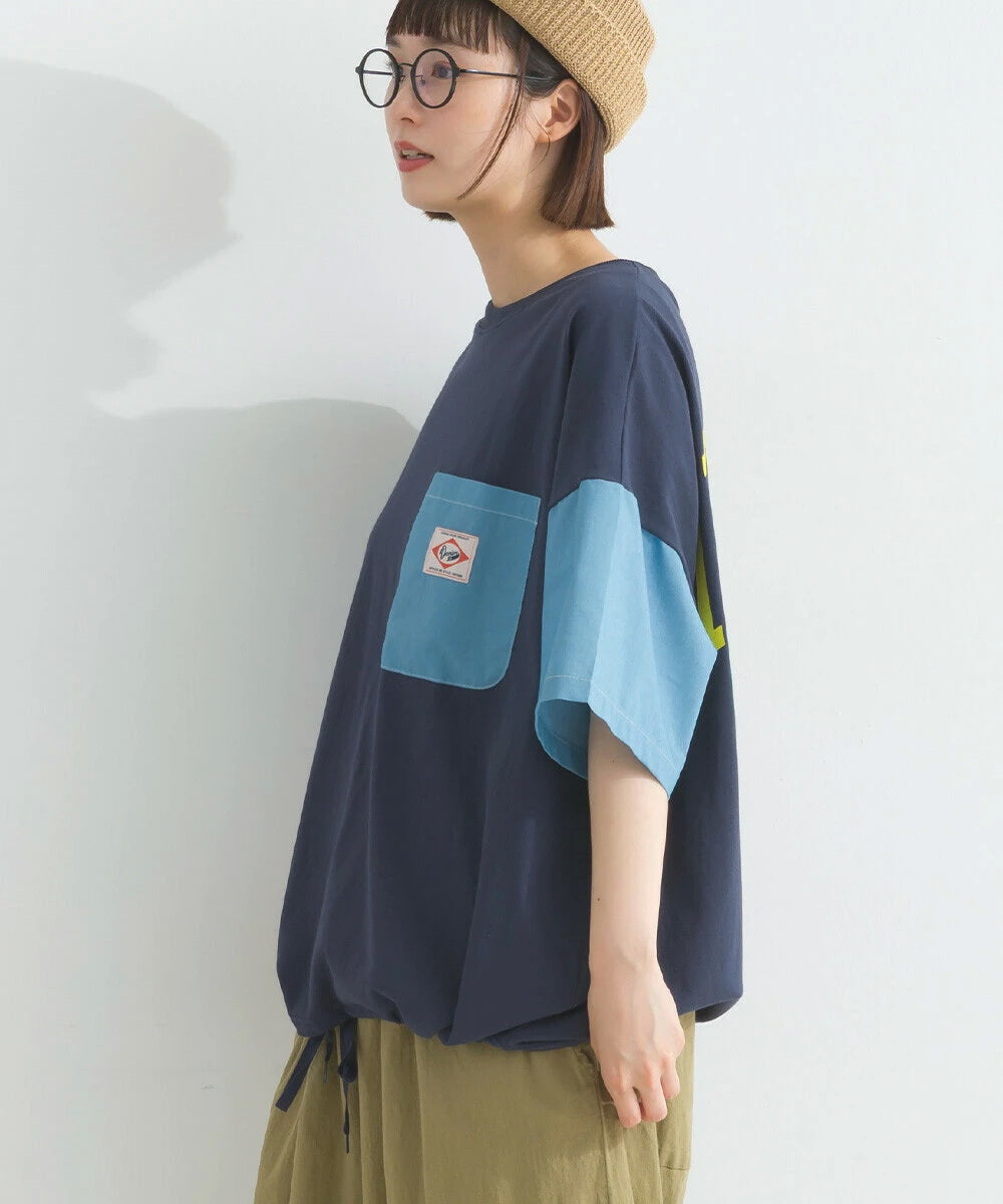 Japanese Style Stitching Denim Pocket Letters Profile T-shirt Designer Loose Casual Summer Patch