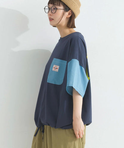 Japanese Style Stitching Denim Pocket Letters Profile T-shirt Designer Loose Casual Summer Patch