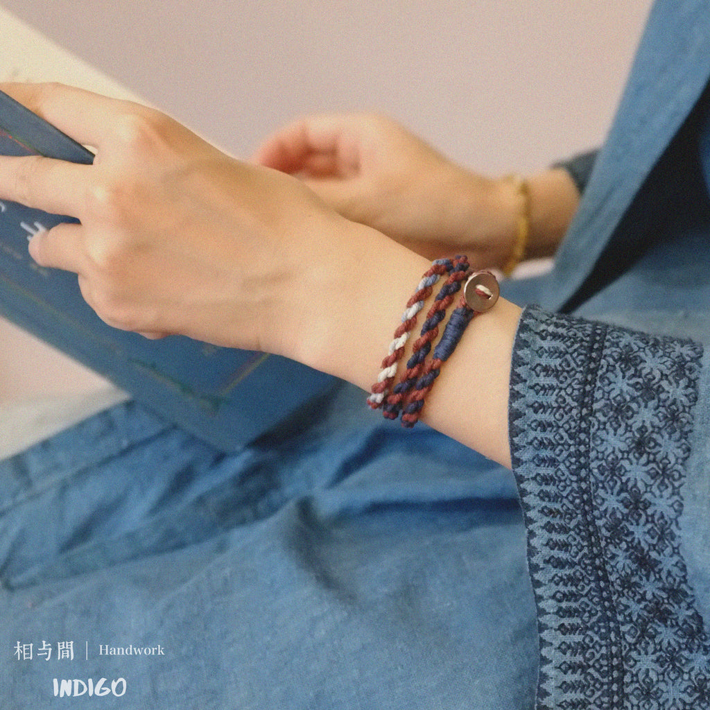 Original Four-Strand Weaving Blue Dyed + Madder Red Hand Rope Cotton Linen Niche Couple Retro Multi-Twist Bracelet