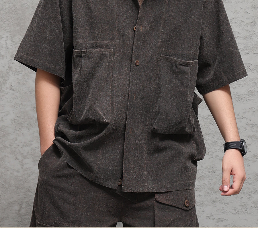 Wild Silk Cuban Collar Half Sleeve Shirt Men's Dye Yam Dyed Tussah Silk Aloha Retro Short Sleeve Shirt Summer