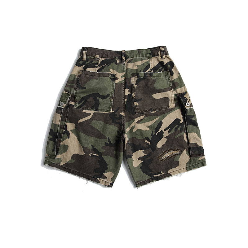 Men's American Street Retro Cargo Pants - Camouflage Heavy Washed Ripped Straight-Leg Pants