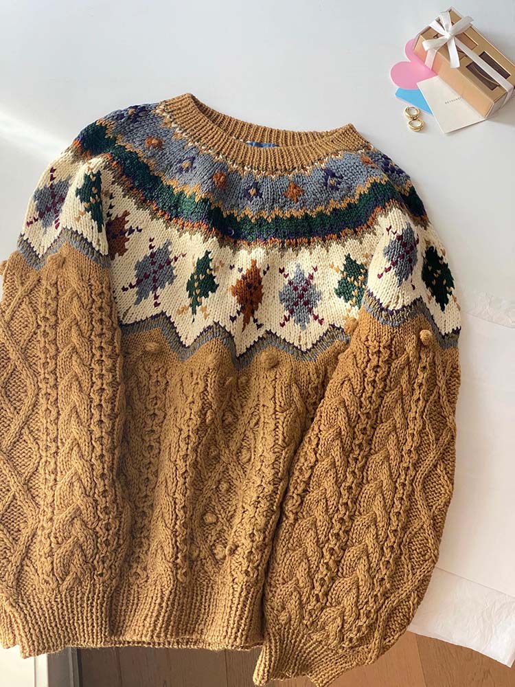Ginger Yellow Fair Isle Wool Sweater – Korean-Style Loose Fit (Women)