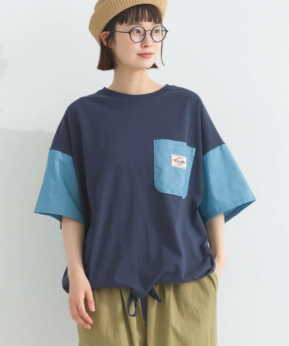 Japanese Style Stitching Denim Pocket Letters Profile T-shirt Designer Loose Casual Summer Patch