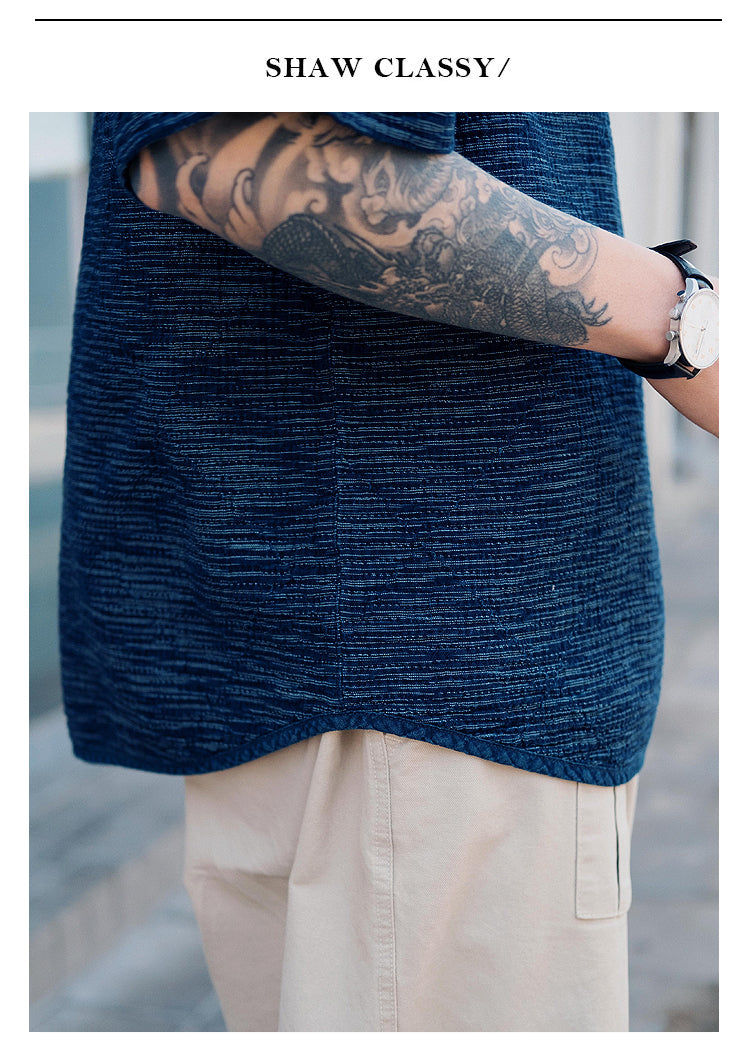 Original Japanese Retro Blue Dyed Sashiko & Kasuri Loose Fit Crew Neck Short Sleeve T-Shirt