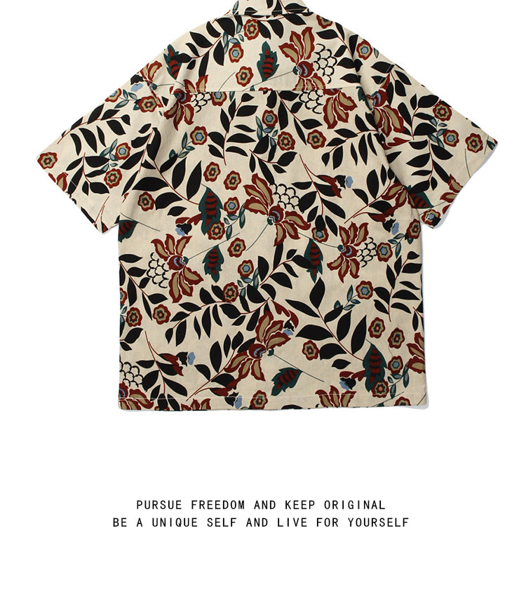 Summer Retro Trendy Floral Short Sleeve Shirt for Men Hawaiian Cotton Linen Beach Couple Outfit Floral Shirt Hong Kong Style