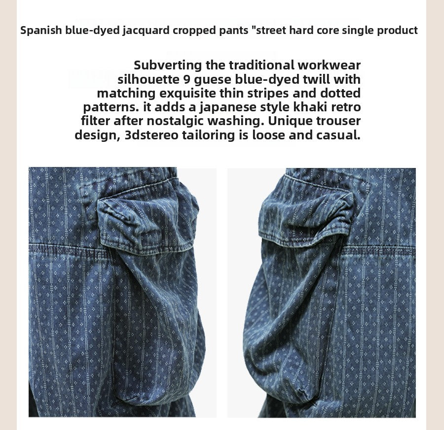 Blue Dyed Jacquard Loose Fit Scimitar Cropped Pants Japanese Retro Style with Large Pockets Casual Mid-Length Shorts