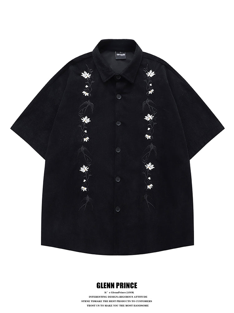 American Retro Floral Embroidery Corduroy Short Sleeve Shirt for Men Summer Trendy Brand Niche Loose Shirt