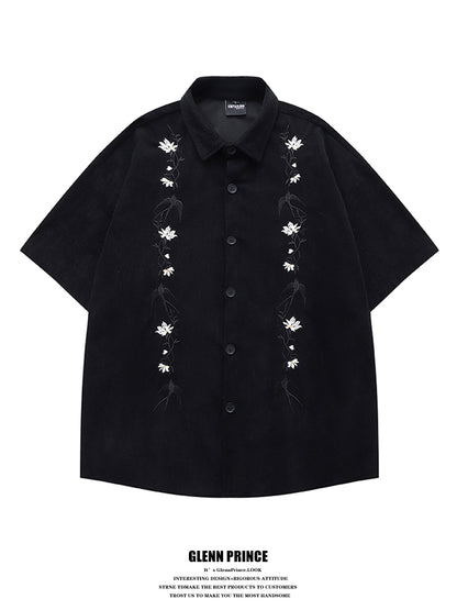 American Retro Floral Embroidery Corduroy Short Sleeve Shirt for Men Summer Trendy Brand Niche Loose Shirt