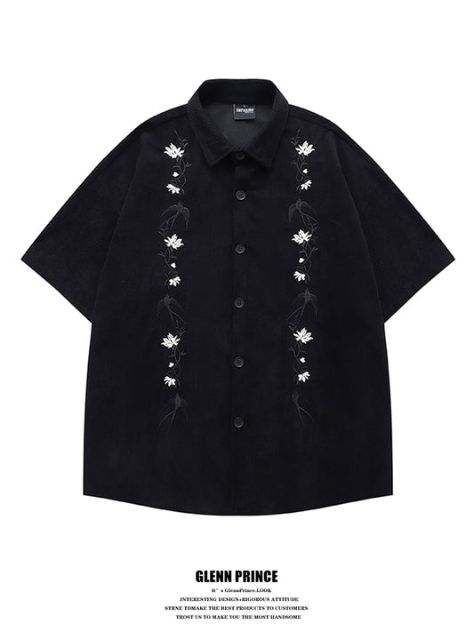 American Retro Floral Embroidery Corduroy Short Sleeve Shirt for Men Summer Trendy Brand Niche Loose Shirt