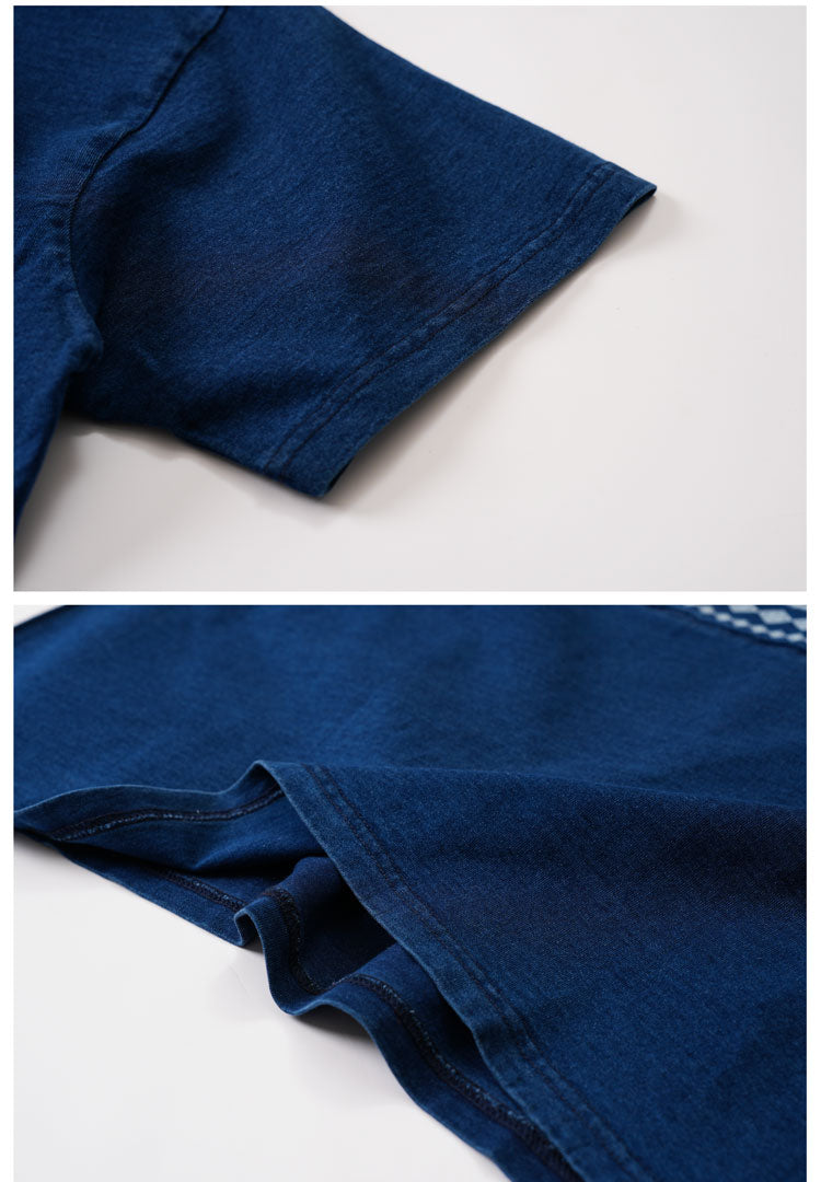 Japanese Retro Indigo Batik Craft Ethnic Style Patchwork Heavy Cotton Loose Fit Oversized T-Shirt for Men Summer Tee