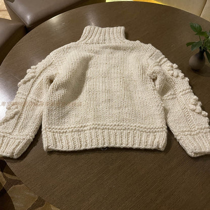 Women's Winter Wool Sweater Coat - Japanese Handmade Thick Yarn Ball Zipper Loose Knitted Top