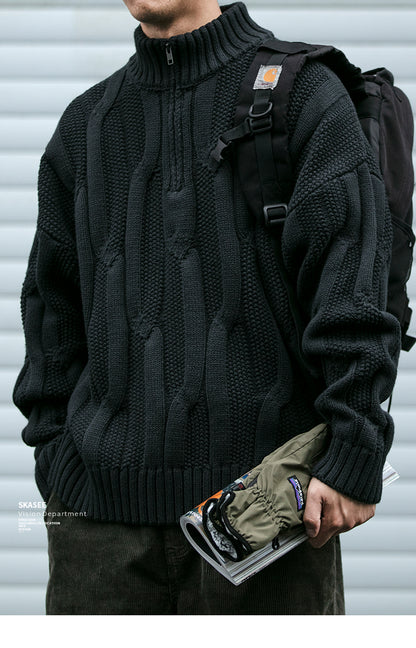 Men's Winter Heavyweight Cable Knit Sweater - American Retro Half-Zip Stand Collar