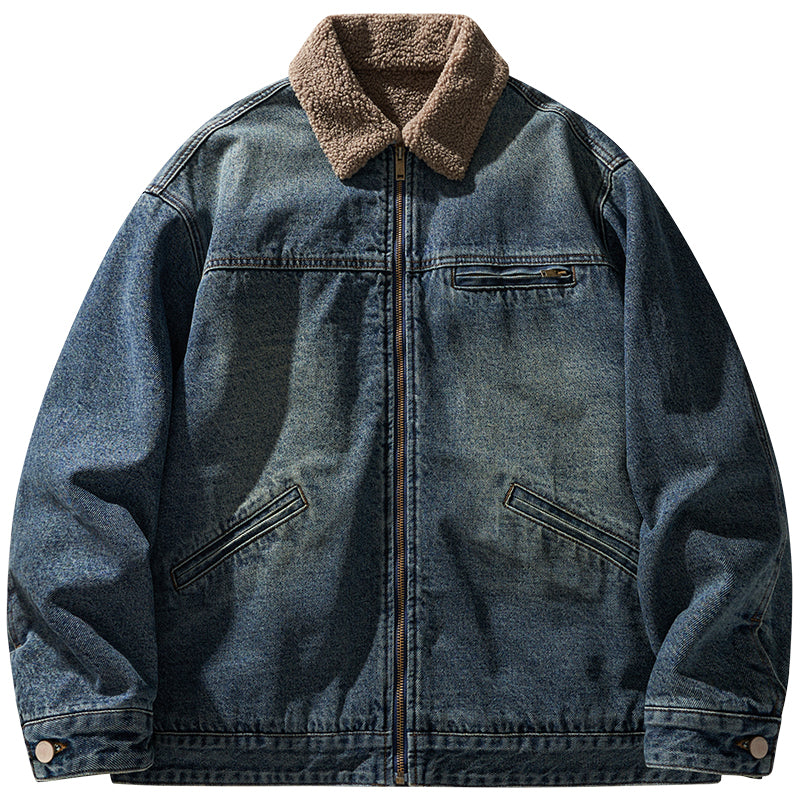 High Street Retro Washed Lamb Wool Denim Jacket – Thickened Warm Winter Cotton Coat for Men