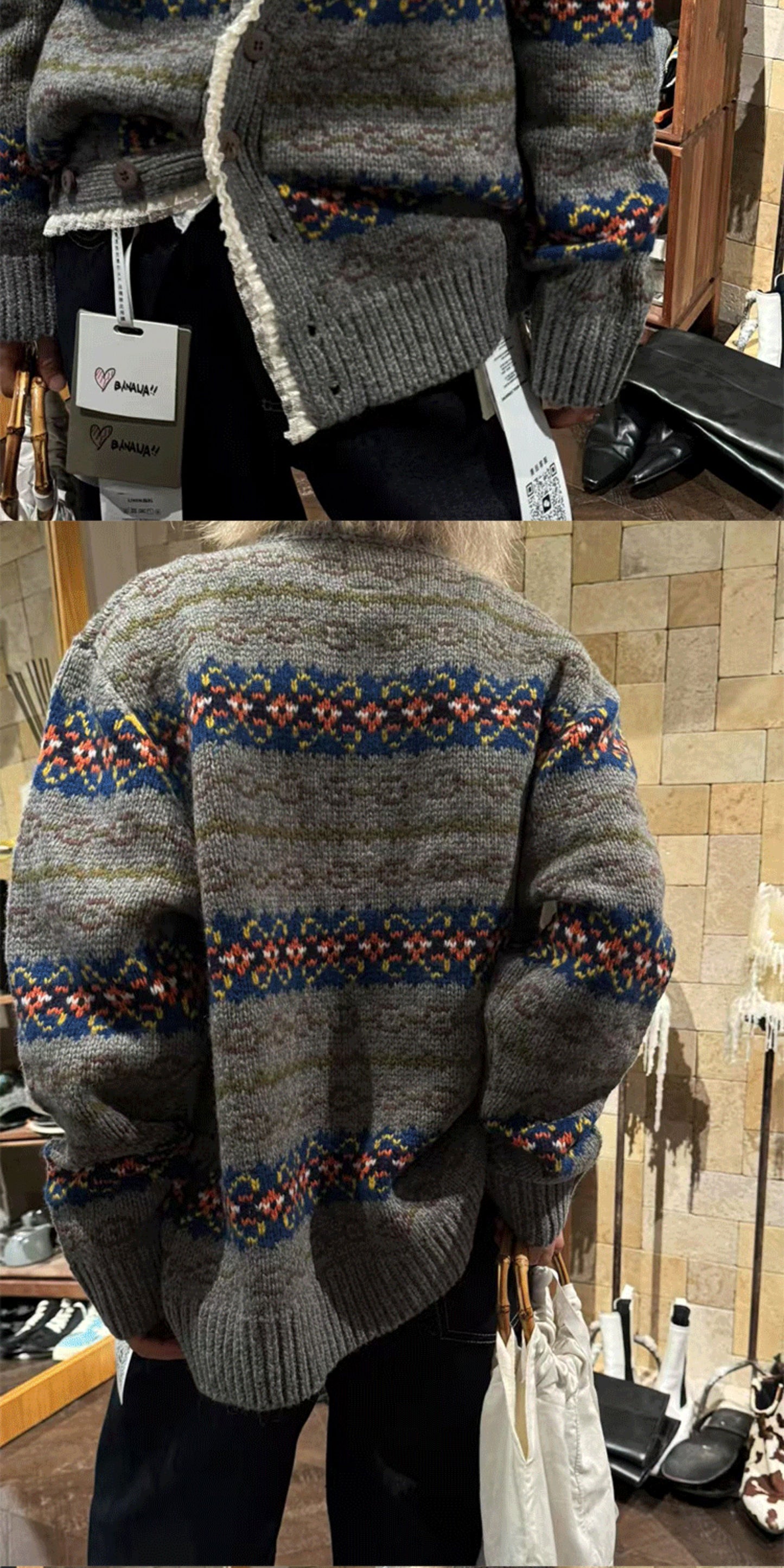 South Korea Nine-Bananas Fair Isle Lace-Trim Sweater Coat – Vintage Wool Blend, Cozy Retro Statement